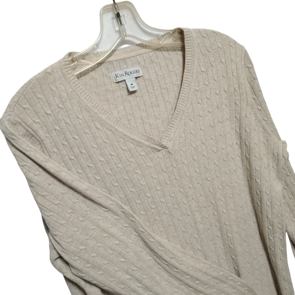 Kim Rogers Cable Knit V Neck Sweater Cream Women Size Medium